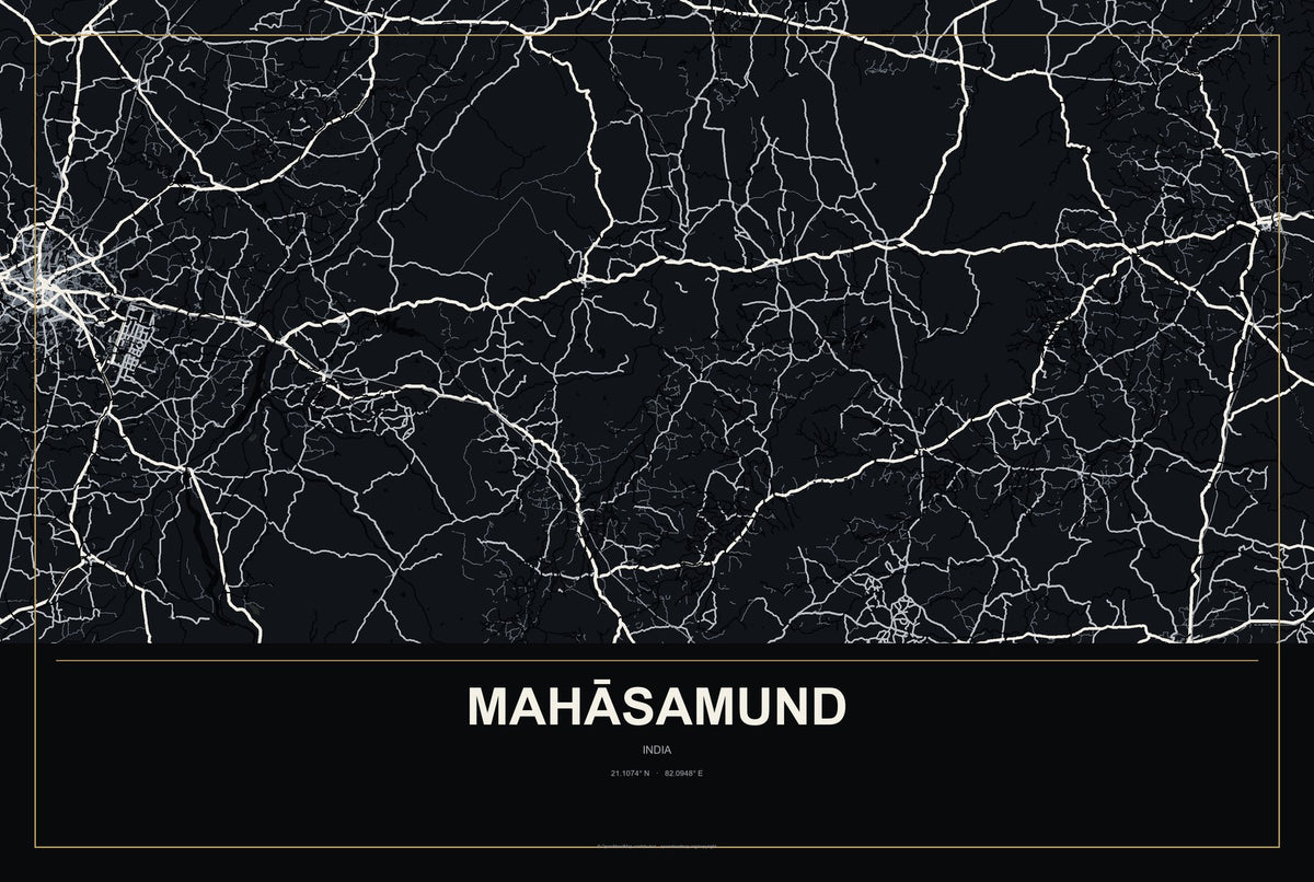Mahāsamund, India City Map Aluminum Sign in Metropolitan Noir style
