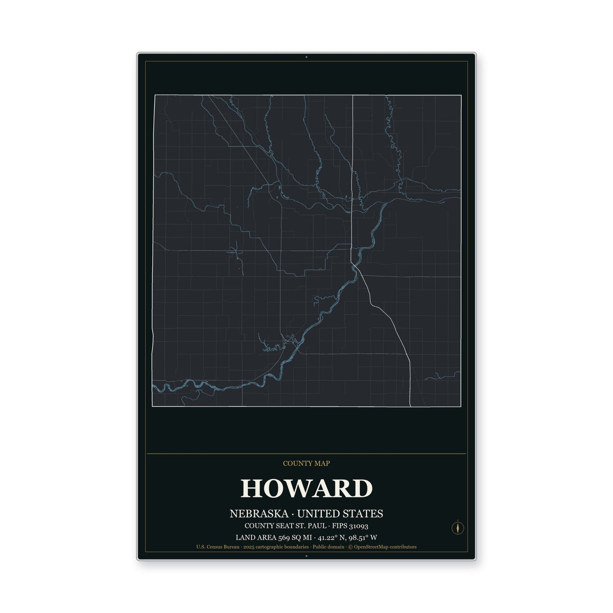 Howard County, Nebraska Map Aluminum Sign in Metropolitan Noir style