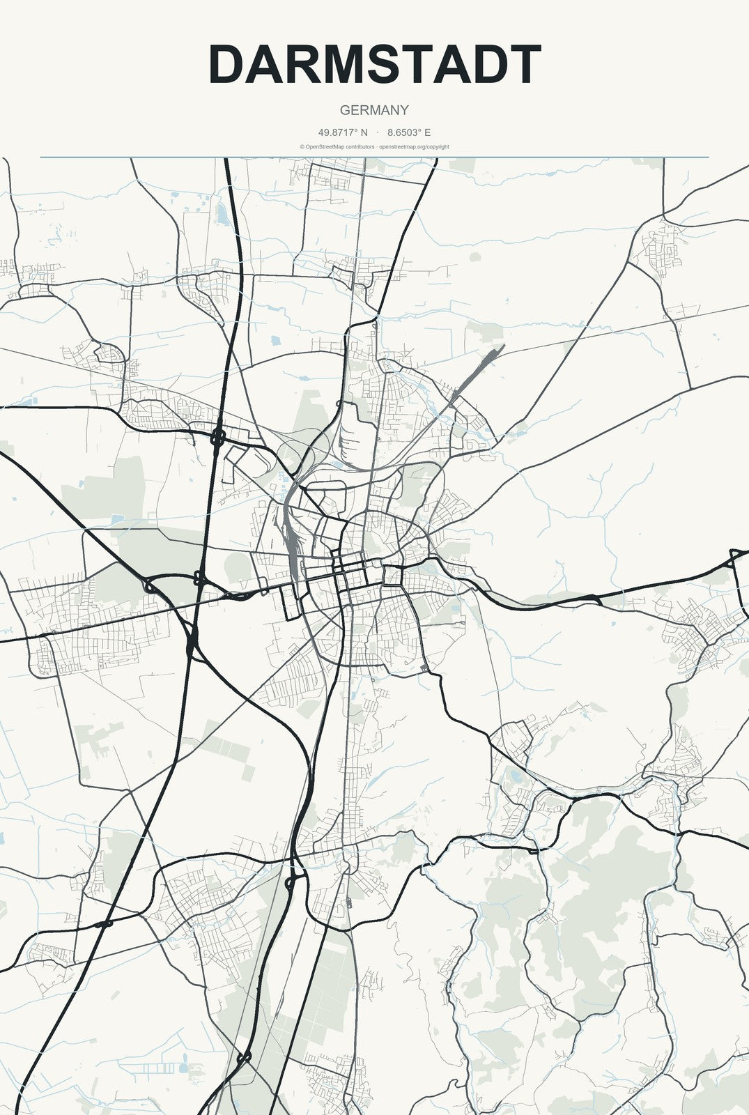 Darmstadt, Germany City Map Aluminum Sign in Headline Atlas style