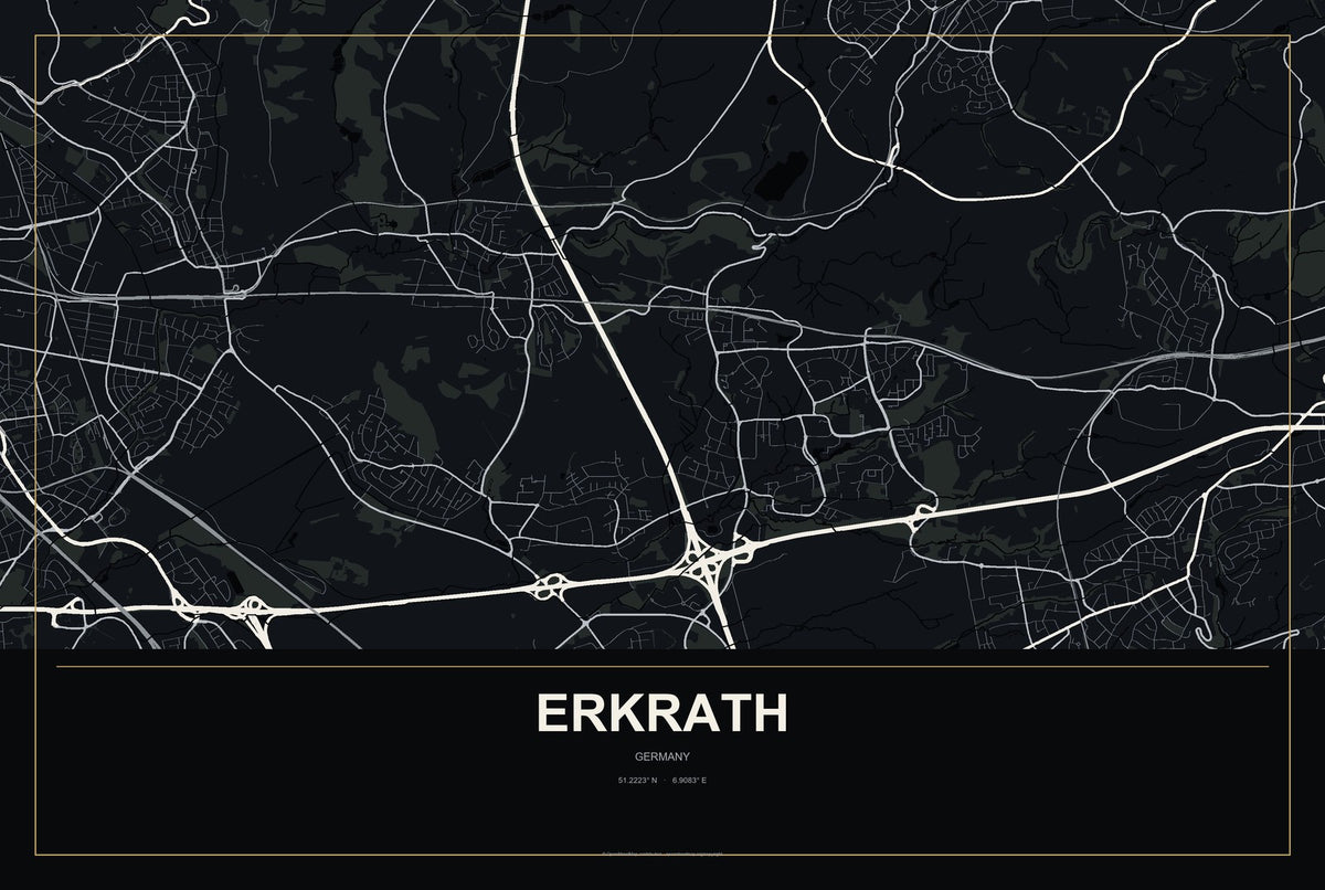 Erkrath, Germany City Map Aluminum Sign in Metropolitan Noir style