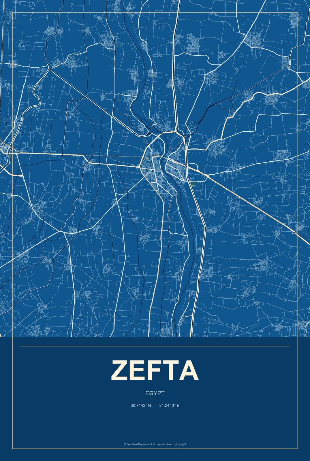 Zefta, Egypt City Map Aluminum Sign in Harbor Cobalt style