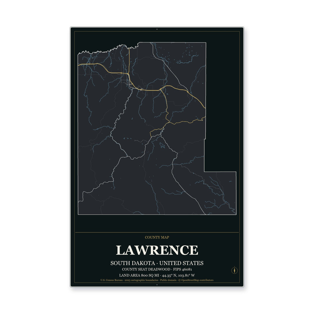 Lawrence County, South Dakota Map Aluminum Sign in Metropolitan Noir style