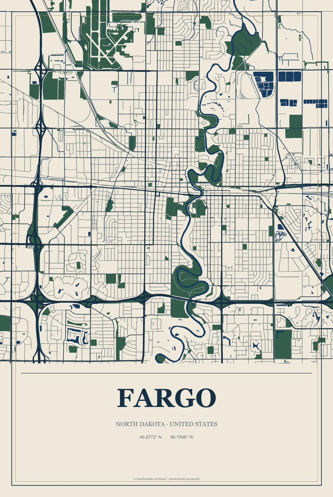 Fargo, North Dakota City Map Aluminum Sign in Coastal Cutout style