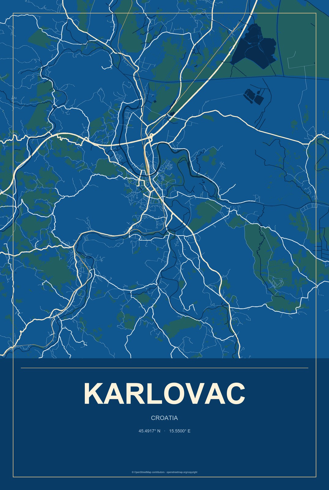 Karlovac, Croatia City Map Aluminum Sign in Harbor Cobalt style