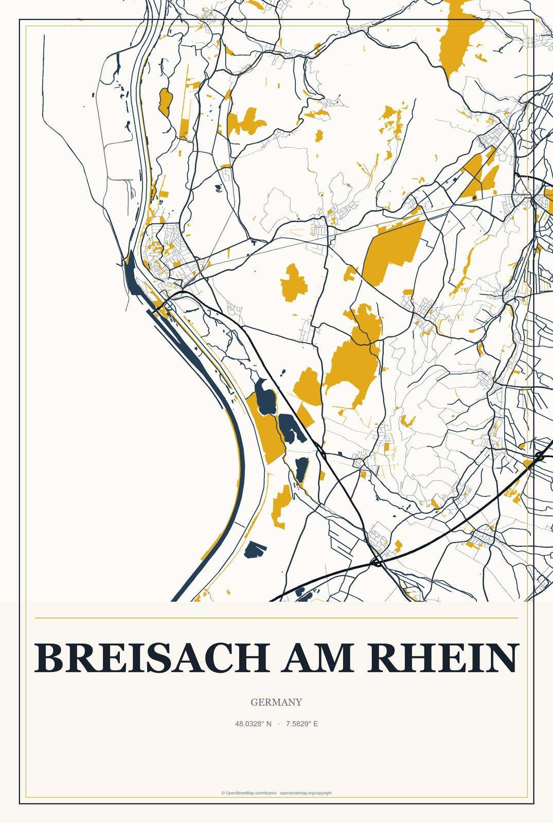 Breisach am Rhein, Germany City Map Aluminum Sign in Citrine Modern style