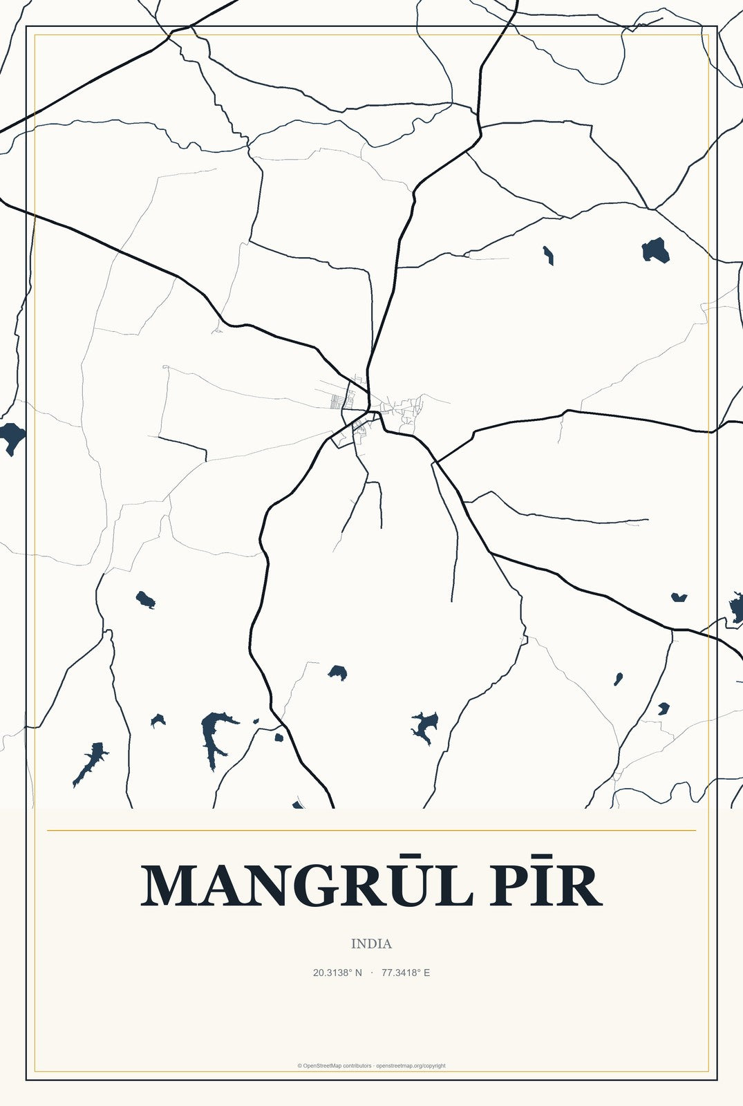 Mangrūl Pīr, India City Map Aluminum Sign in Citrine Modern style