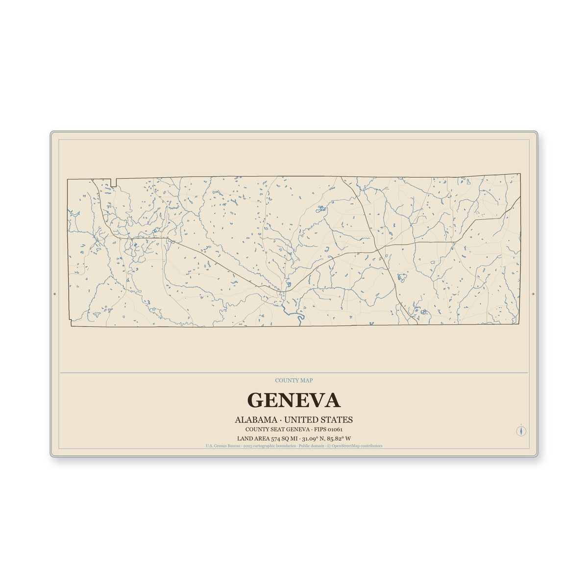 Geneva County, Alabama Map Aluminum Sign in Heritage Nautical style
