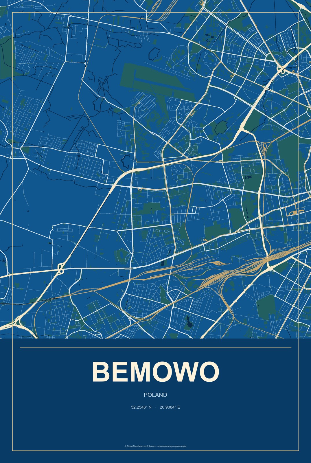Bemowo, Poland City Map Aluminum Sign in Harbor Cobalt style