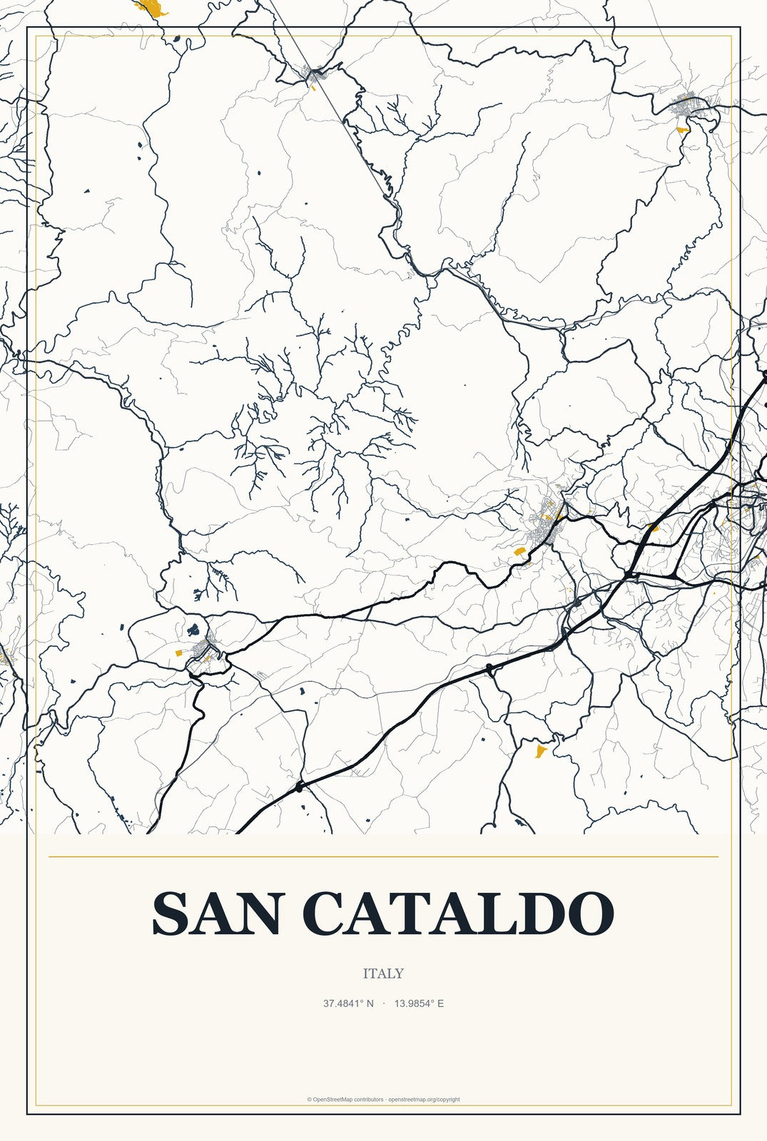 San Cataldo, Italy City Map Aluminum Sign in Citrine Modern style