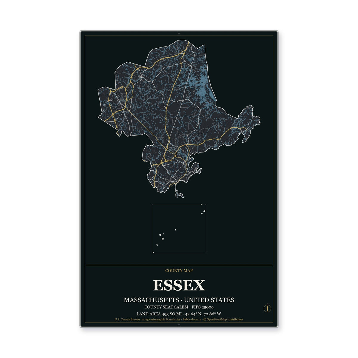 Essex County, Massachusetts Map Aluminum Sign in Metropolitan Noir style