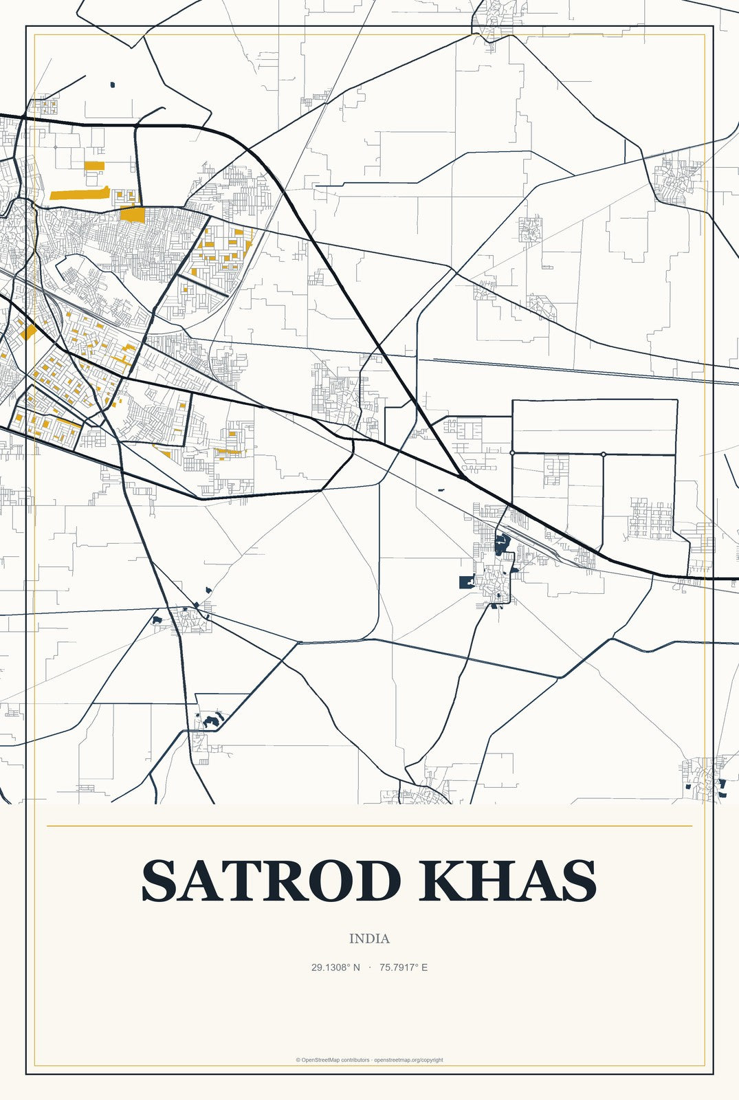 Satrod Khas, India City Map Aluminum Sign in Citrine Modern style