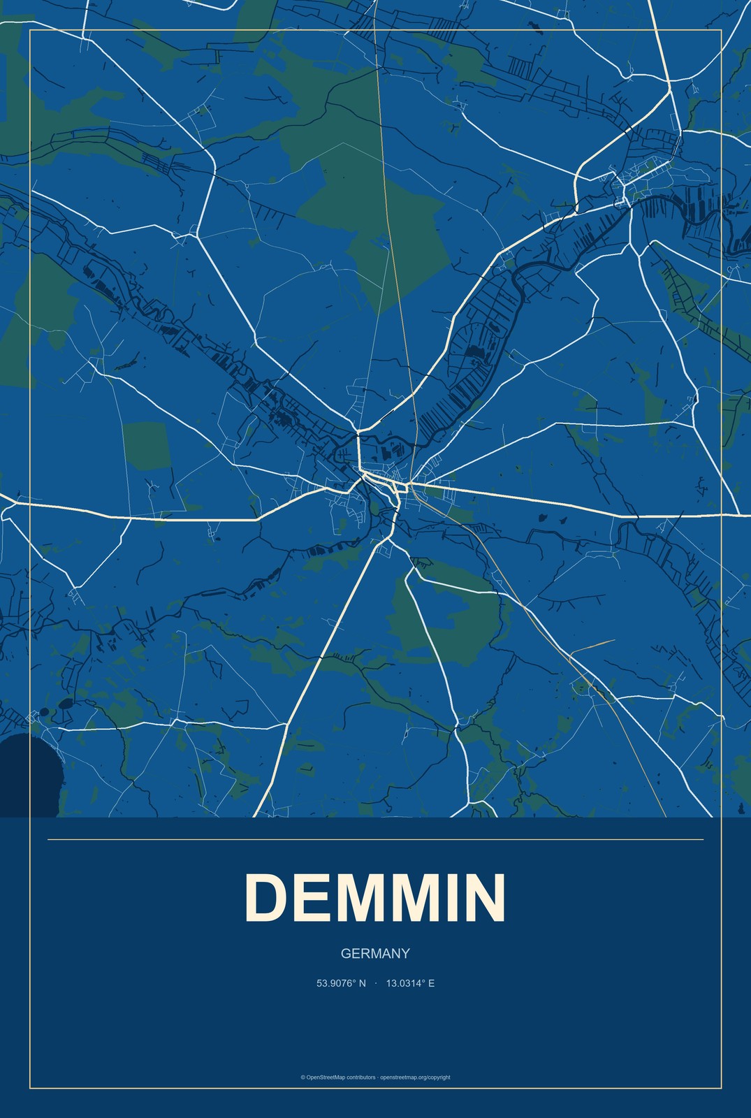 Demmin, Germany City Map Aluminum Sign in Harbor Cobalt style