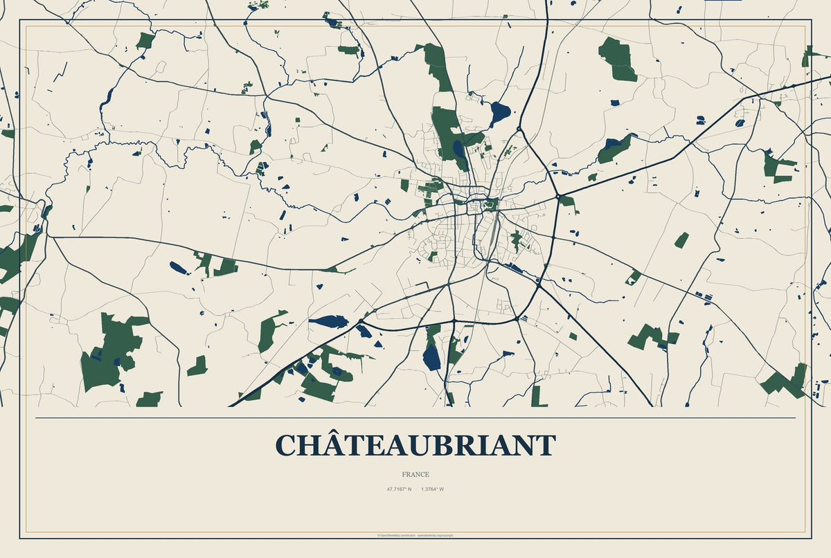 Châteaubriant, France City Map Aluminum Sign in Coastal Cutout style