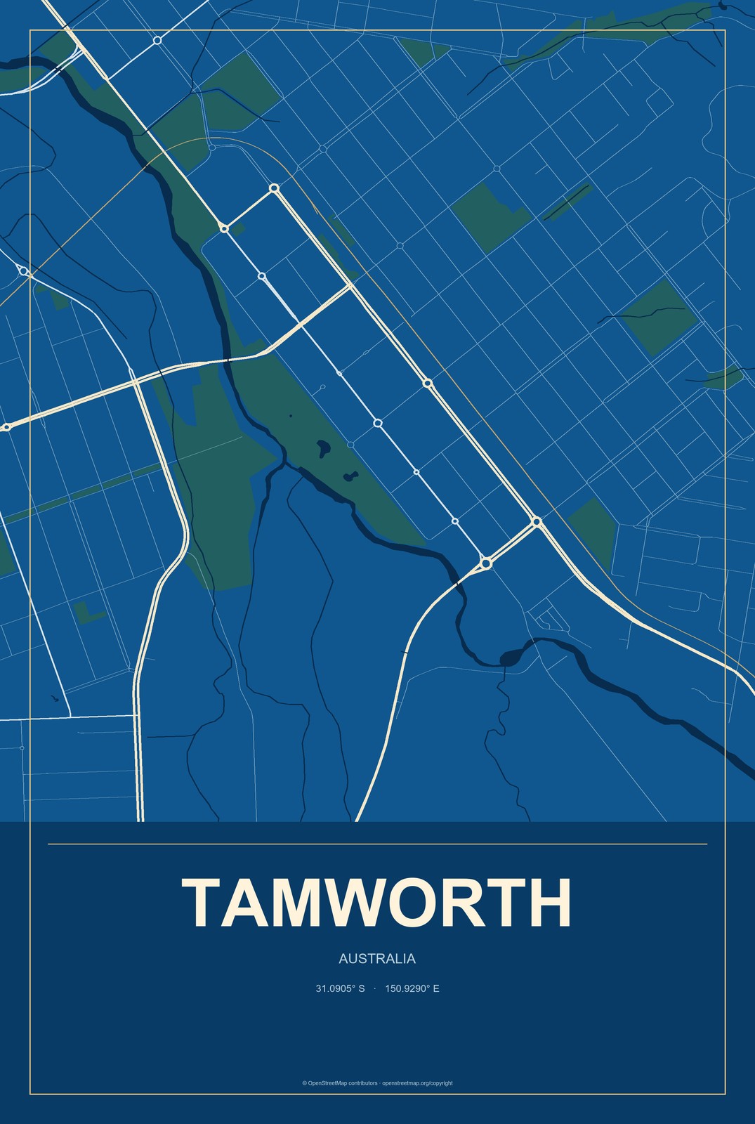 Tamworth, Australia City Map Aluminum Sign in Harbor Cobalt style