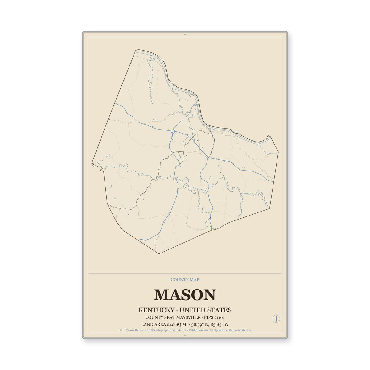 Mason County, Kentucky Map Aluminum Sign in Heritage Nautical style
