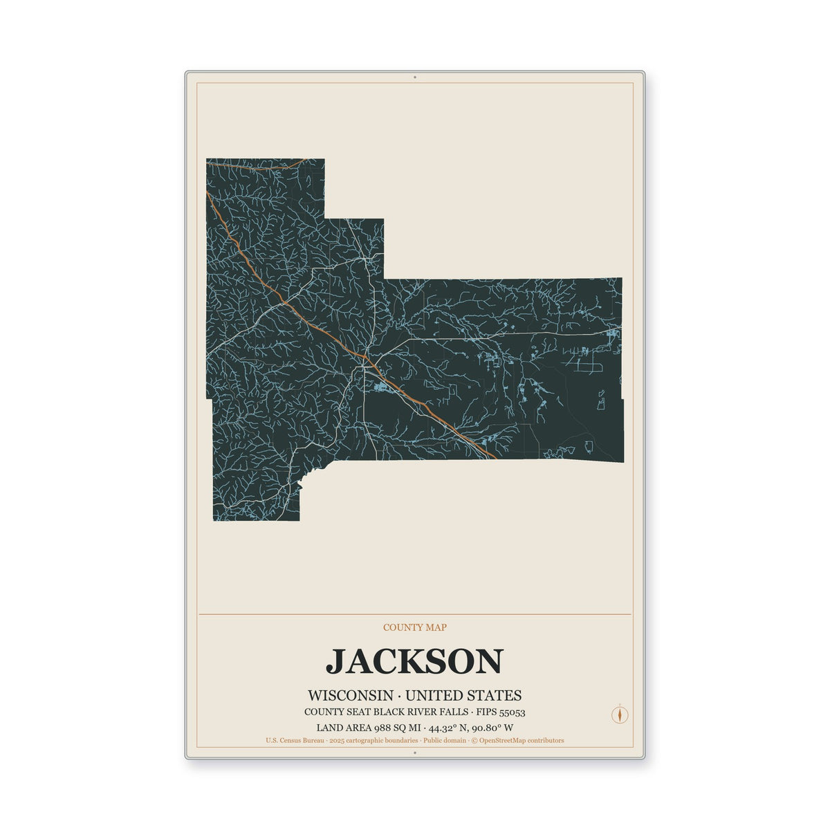 Jackson County, Wisconsin Map Aluminum Sign in Headline Atlas style
