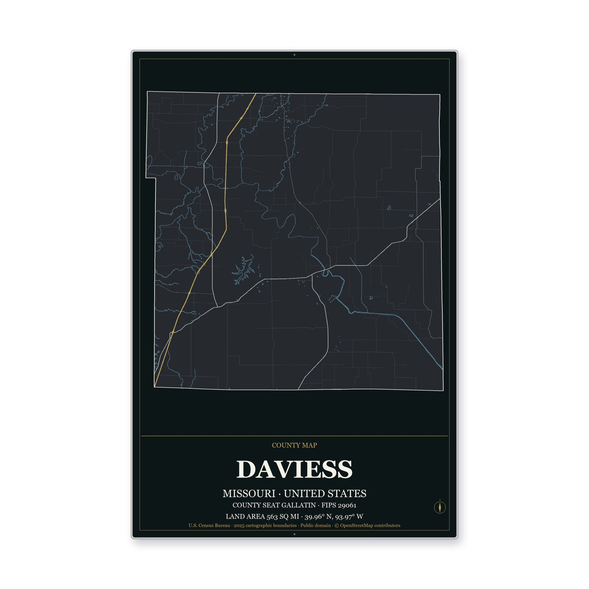 Daviess County, Missouri Map Aluminum Sign in Metropolitan Noir style