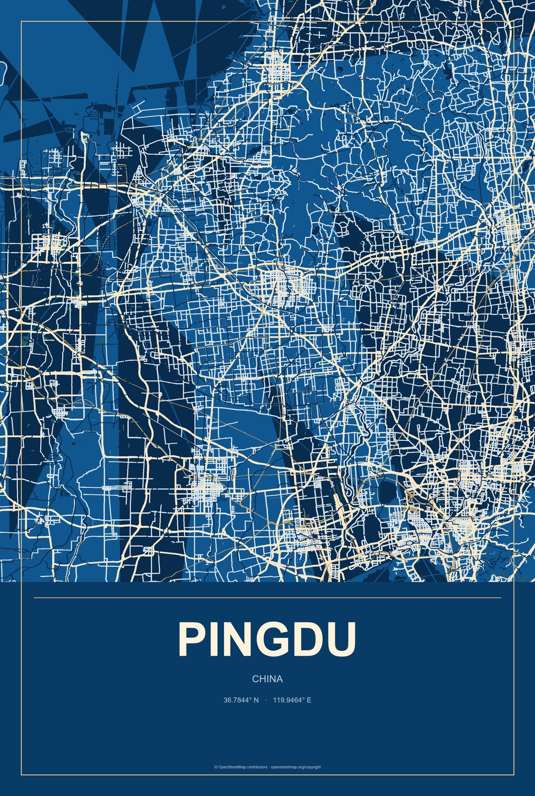 Pingdu, China City Map Aluminum Sign in Harbor Cobalt style