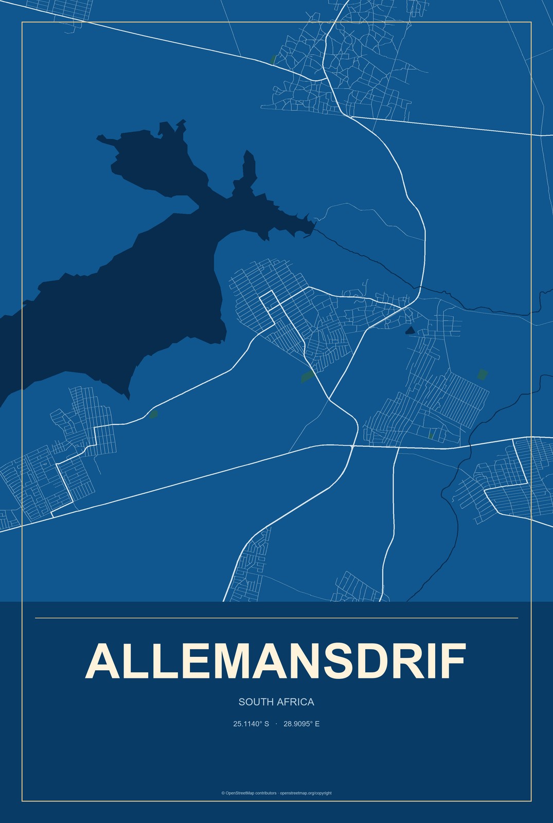 Allemansdrif, South Africa City Map Aluminum Sign in Harbor Cobalt style