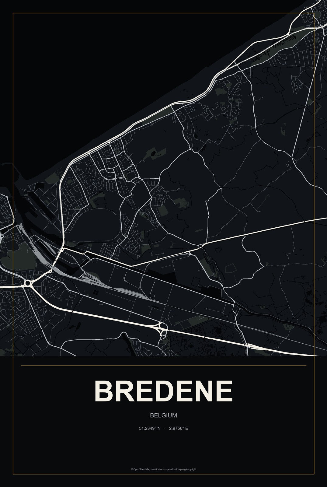 Bredene, Belgium City Map Aluminum Sign in Metropolitan Noir style