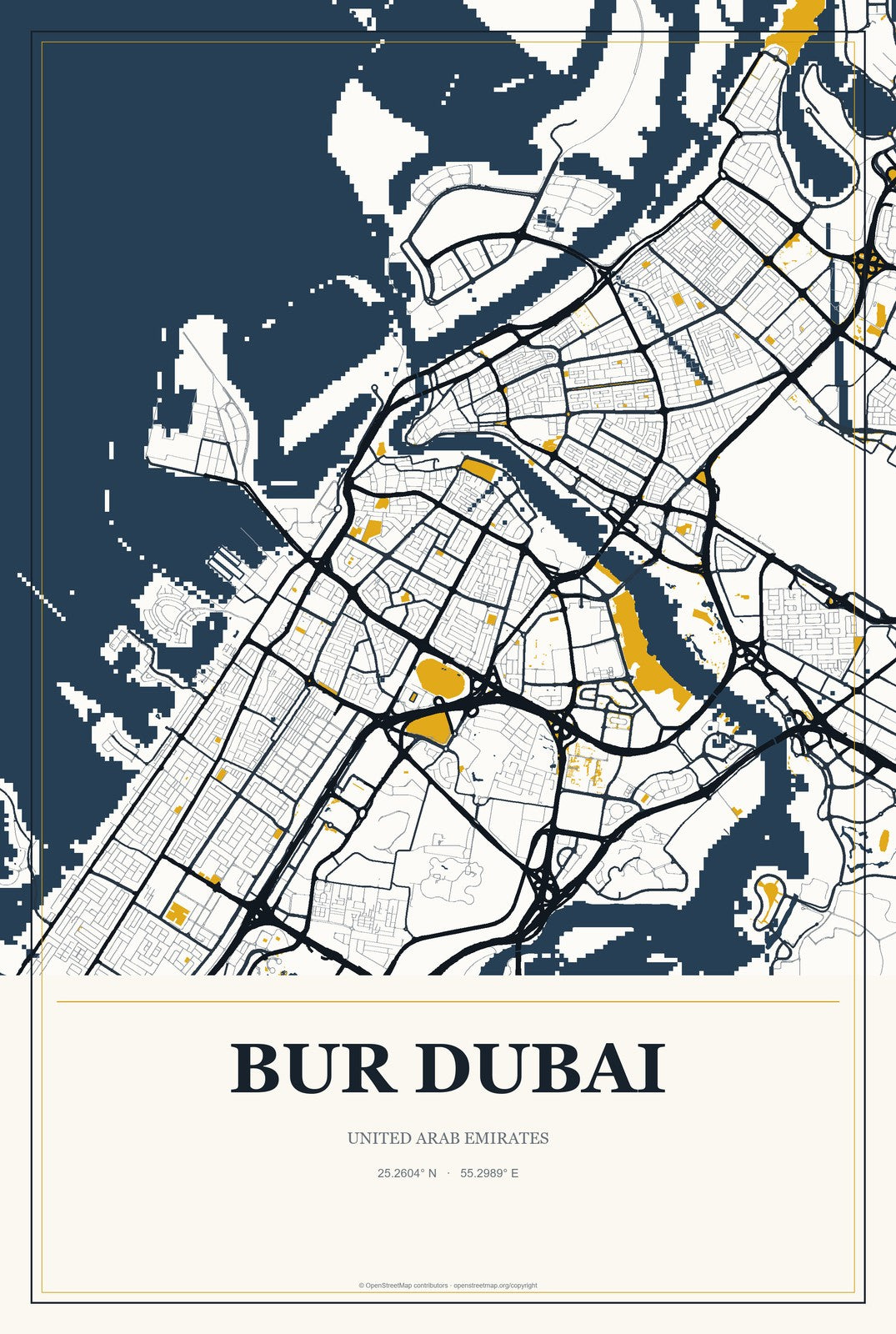 Bur Dubai, United Arab Emirates City Map Aluminum Sign in Citrine Modern style