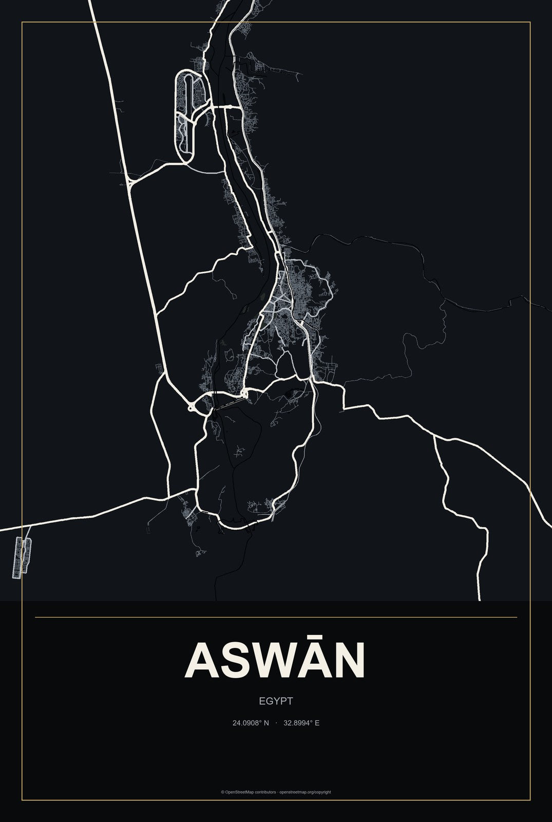 Aswān, Egypt City Map Aluminum Sign in Metropolitan Noir style