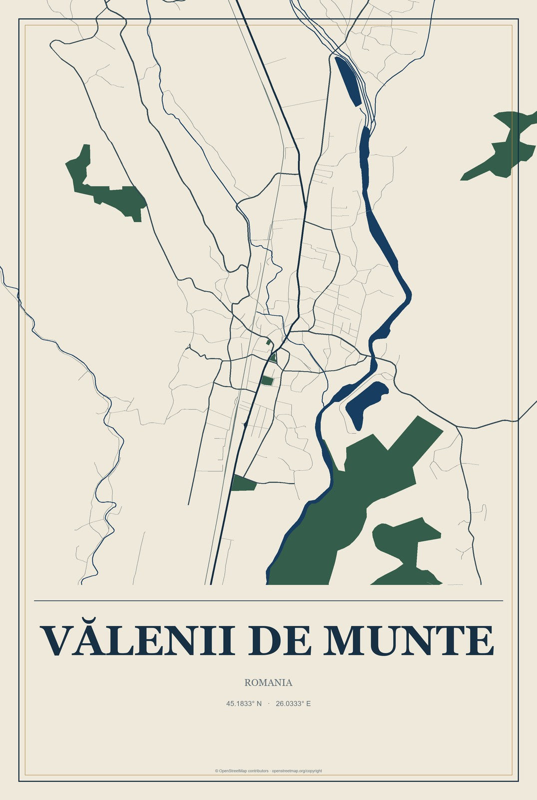 Vălenii de Munte, Romania City Map Aluminum Sign in Coastal Cutout style