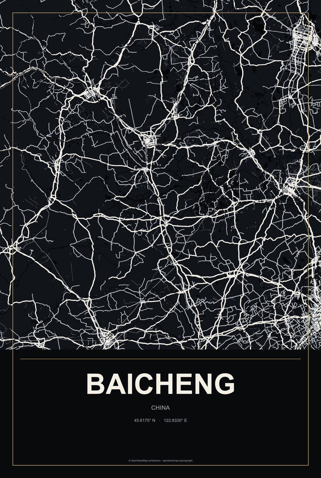 Baicheng, Jilin, China City Map Aluminum Sign in Metropolitan Noir style