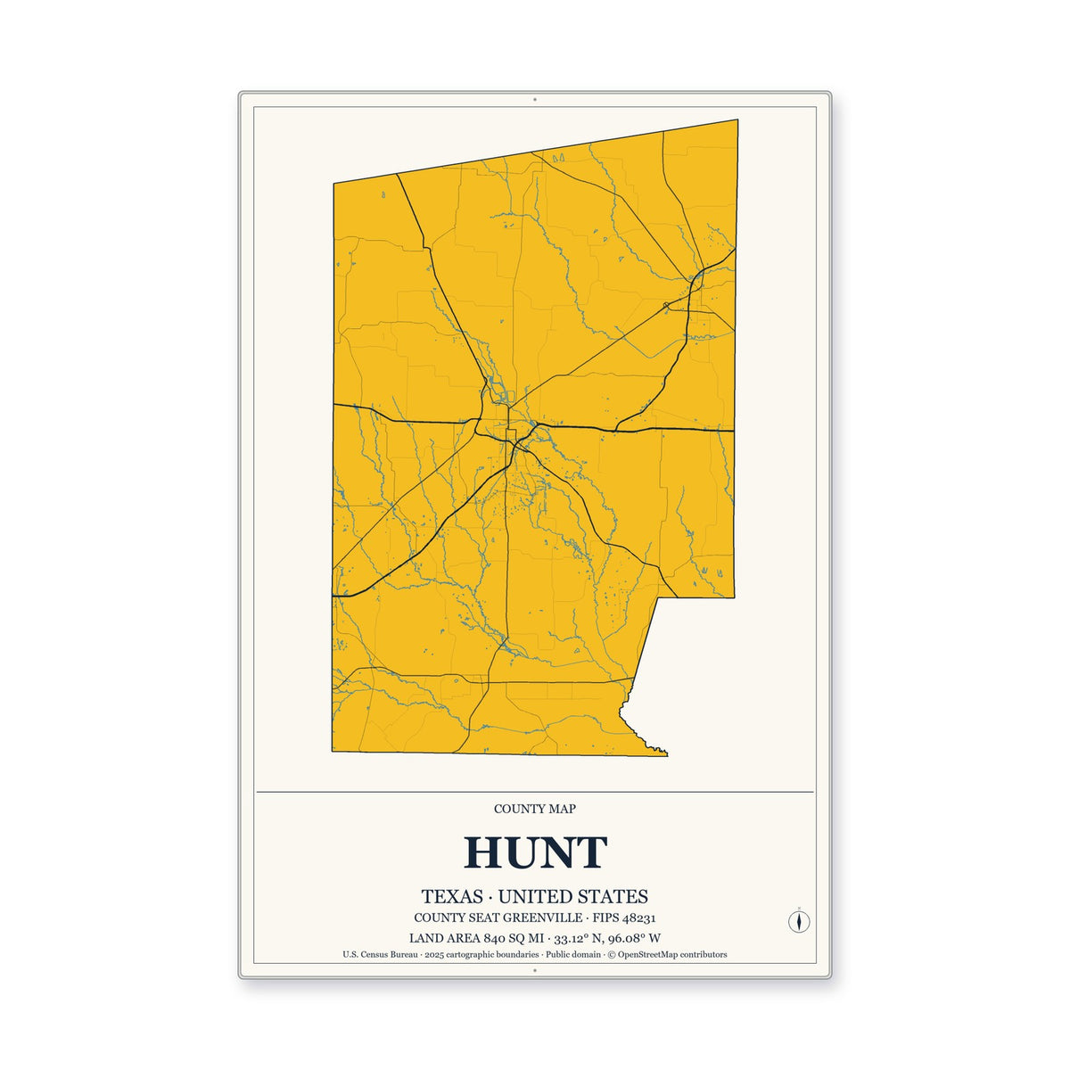 Hunt County, Texas Map Aluminum Sign in Citrine Modern style
