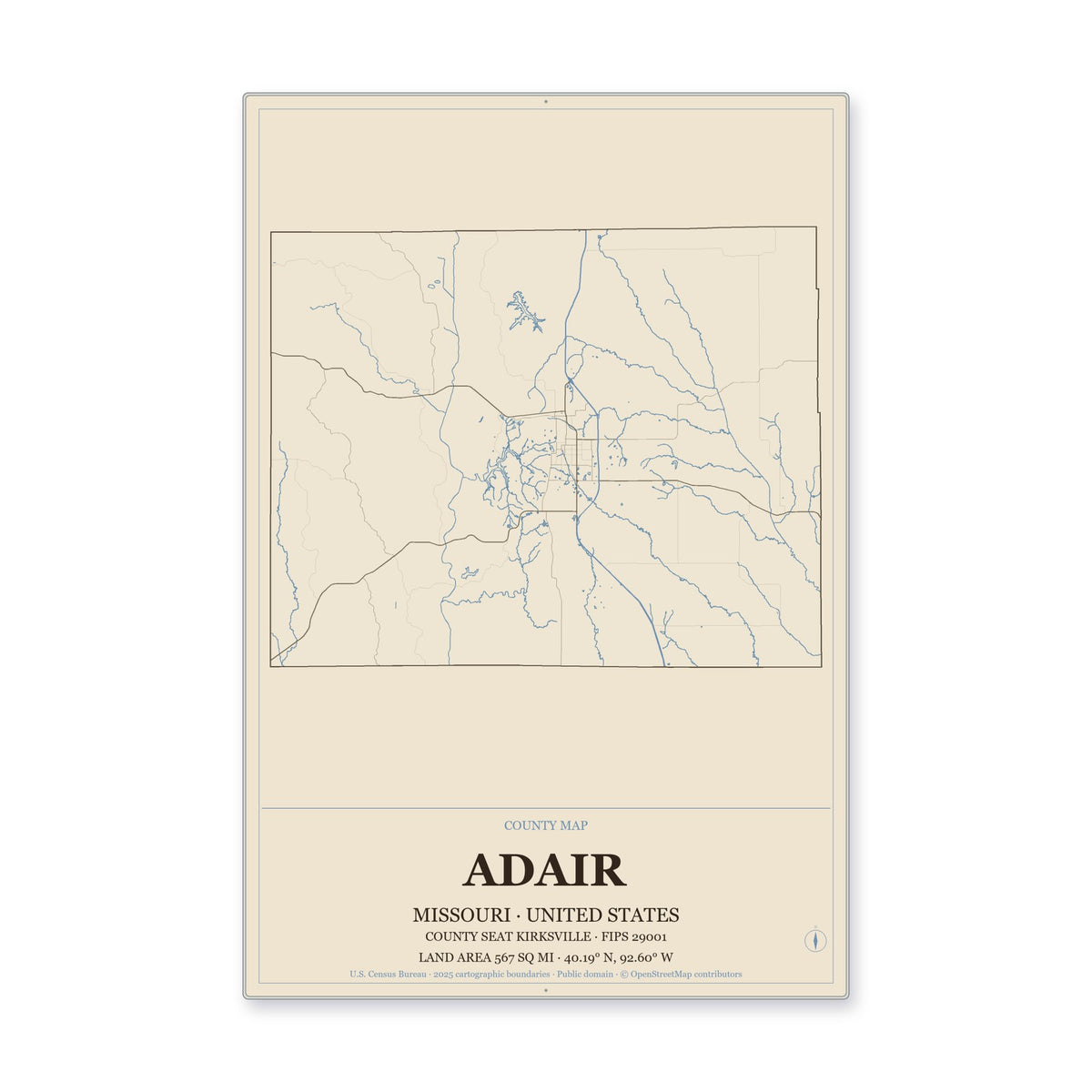Adair County, Missouri Map Aluminum Sign in Heritage Nautical style