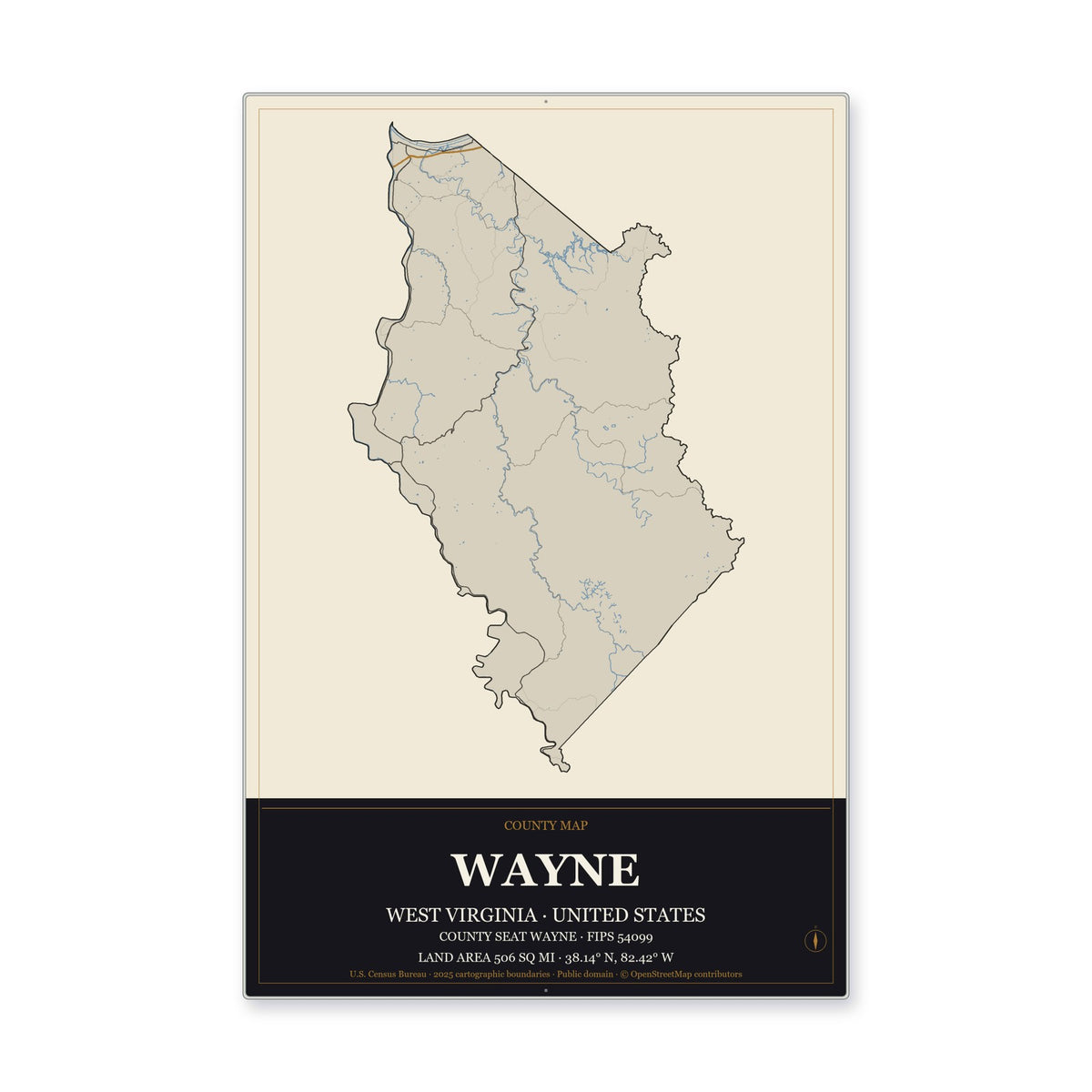 Wayne County, West Virginia Map Aluminum Sign in Museum Plaque style