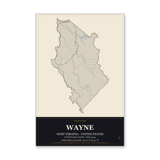 Wayne County, West Virginia Map Aluminum Sign in Museum Plaque style