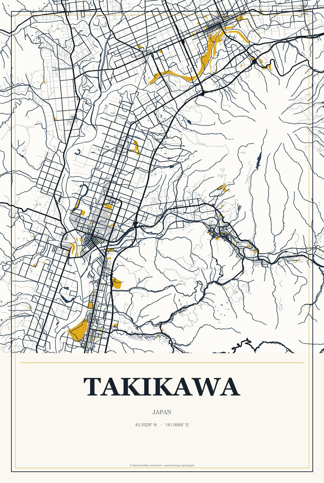 Takikawa, Japan City Map Aluminum Sign in Citrine Modern style