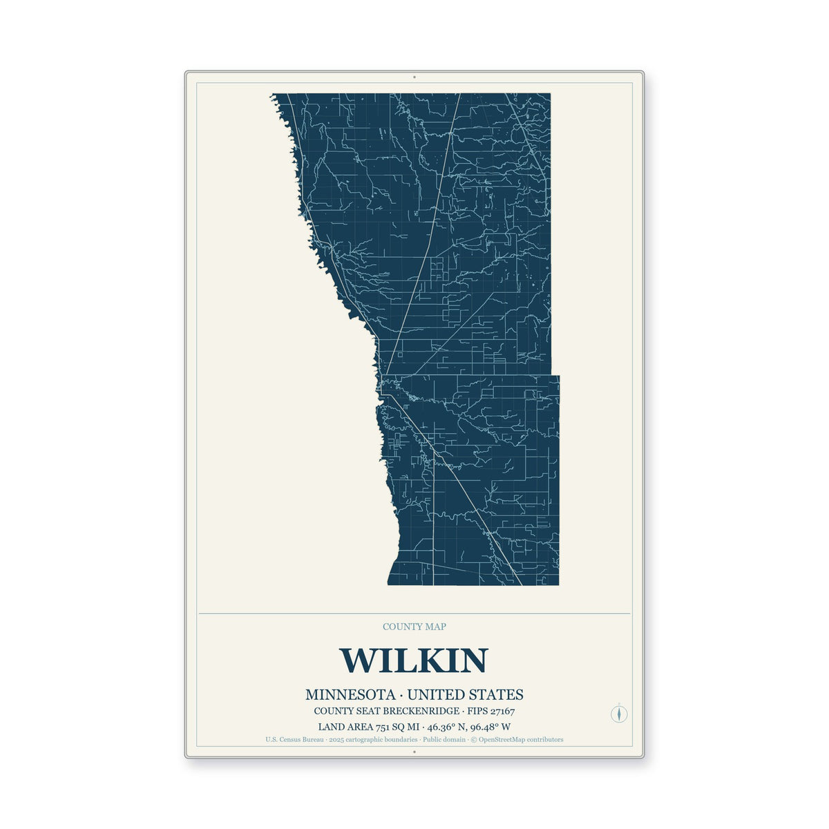 Wilkin County, Minnesota Map Aluminum Sign in Coastal Cutout style