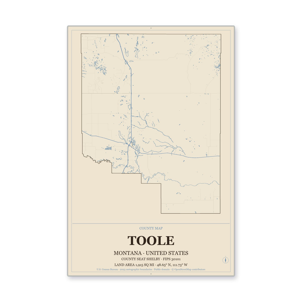 Toole County, Montana Map Aluminum Sign in Heritage Nautical style