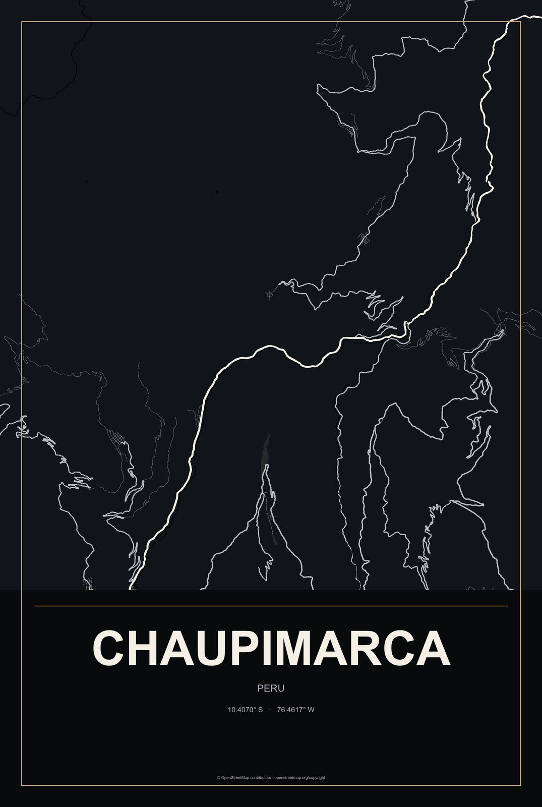 Chaupimarca, Peru City Map Aluminum Sign in Metropolitan Noir style