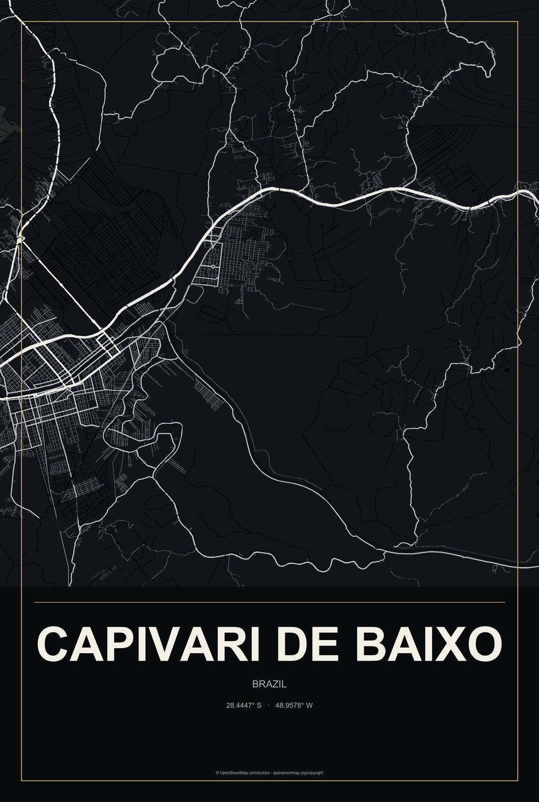 Capivari de Baixo, Brazil City Map Aluminum Sign in Metropolitan Noir style