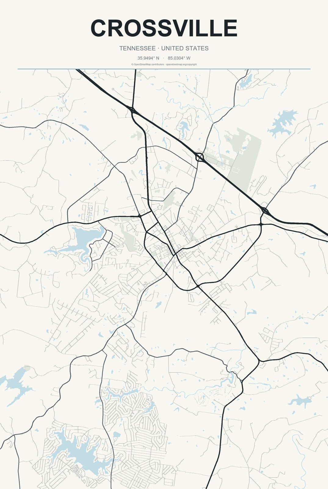 Crossville, Tennessee City Map Aluminum Sign in Headline Atlas style