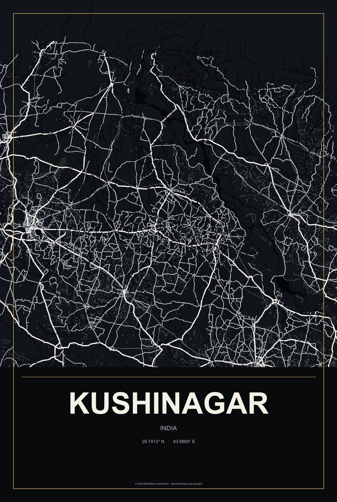 Kushinagar, India City Map Aluminum Sign in Metropolitan Noir style