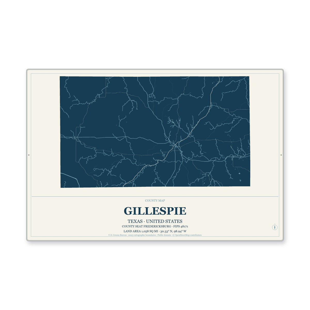 Gillespie County, Texas Map Aluminum Sign in Coastal Cutout style