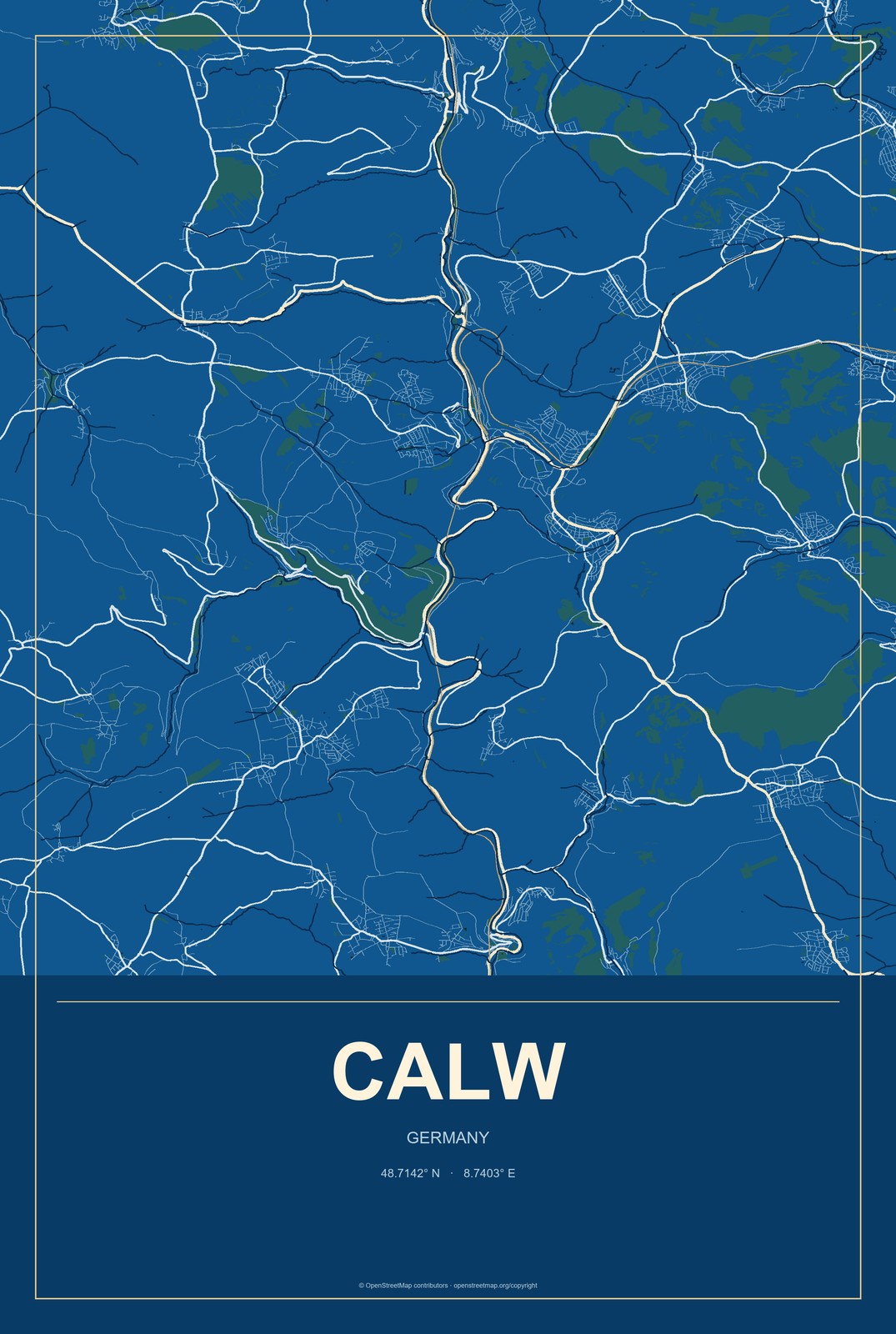 Calw, Germany City Map Aluminum Sign in Harbor Cobalt style