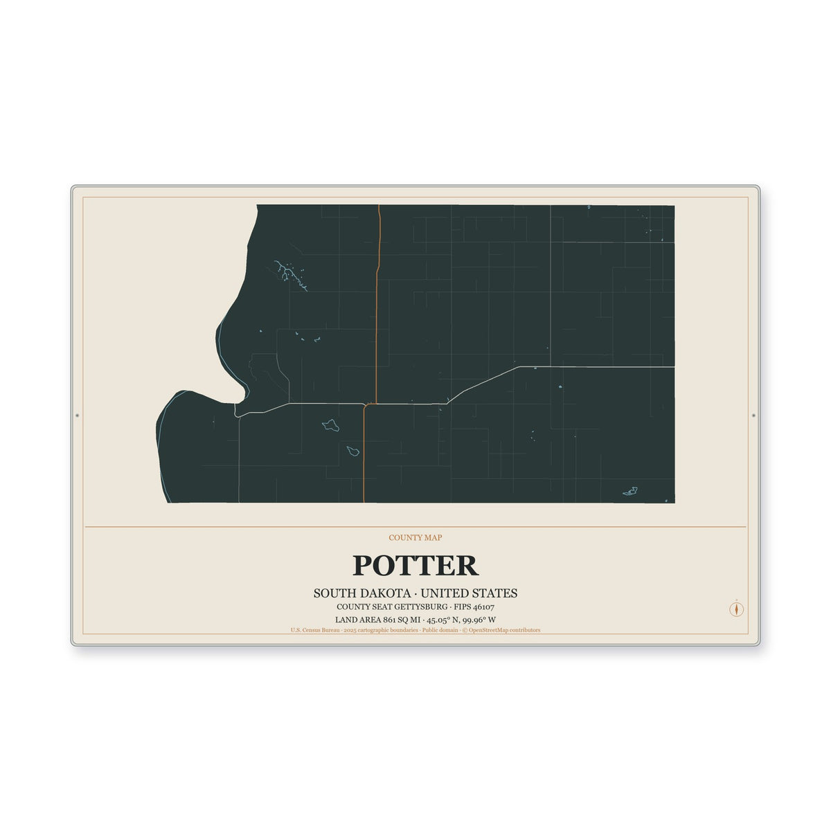 Potter County, South Dakota Map Aluminum Sign in Headline Atlas style
