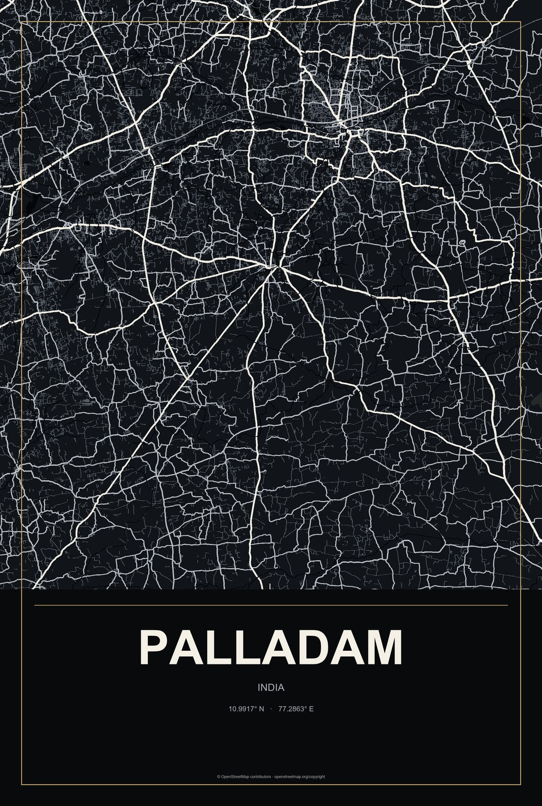 Palladam, India City Map Aluminum Sign in Metropolitan Noir style