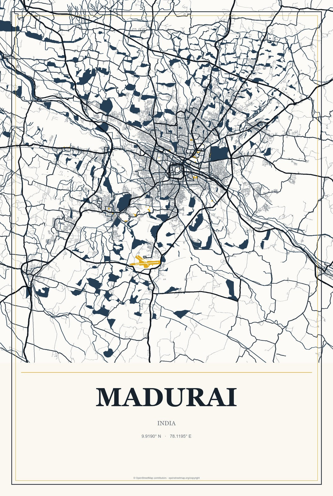 Madurai, India City Map Aluminum Sign in Citrine Modern style