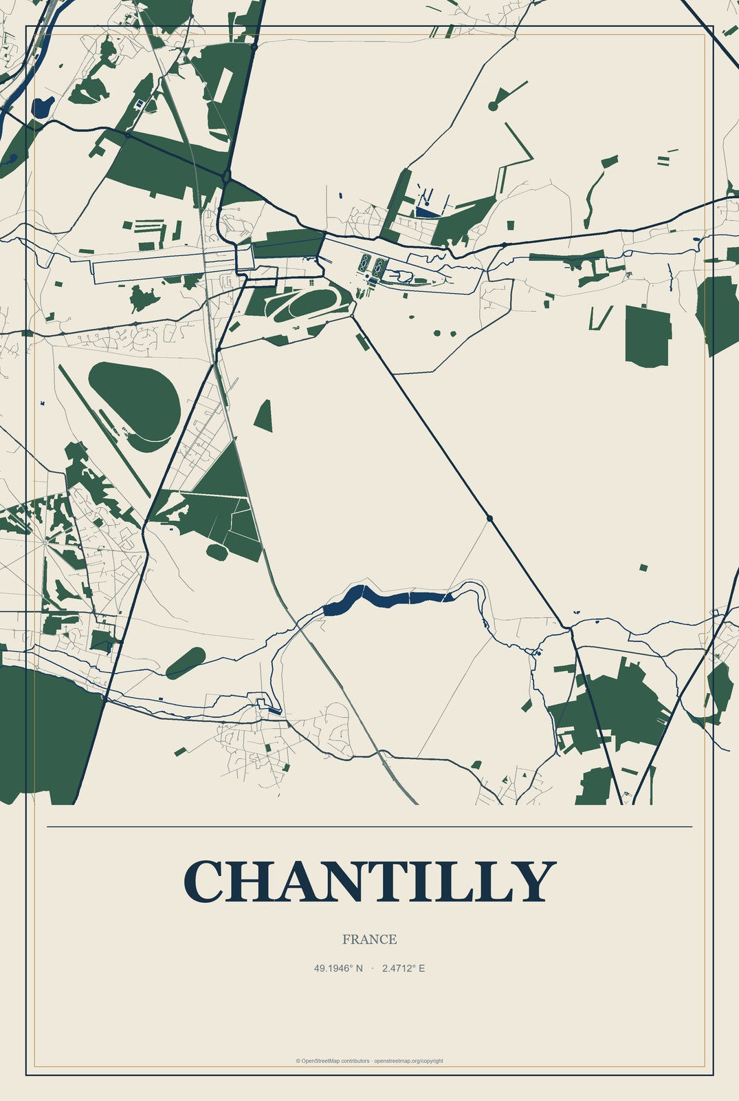 Chantilly, France City Map Aluminum Sign in Coastal Cutout style
