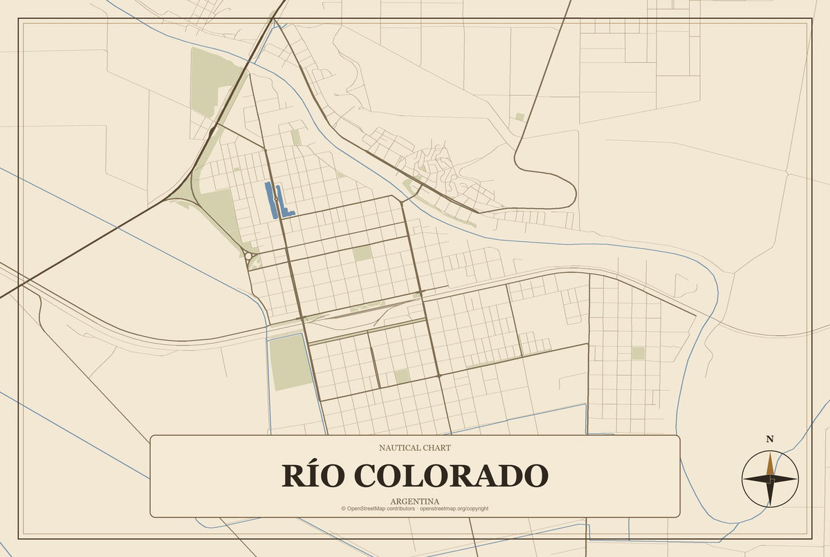 Río Colorado, Argentina City Map Aluminum Sign in Heritage Nautical style