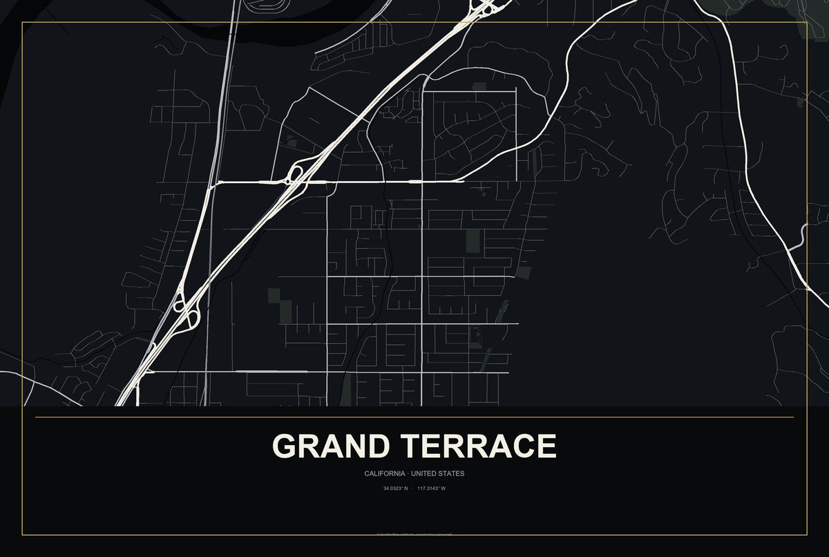 Grand Terrace, California City Map Aluminum Sign in Metropolitan Noir style