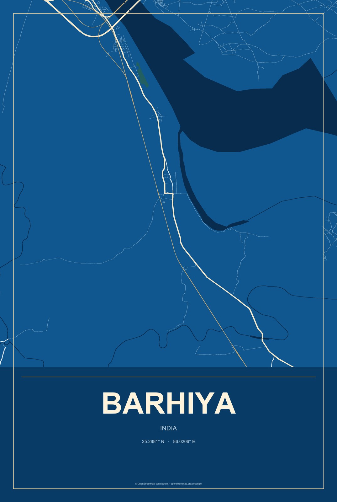 Barhiya, India City Map Aluminum Sign in Harbor Cobalt style