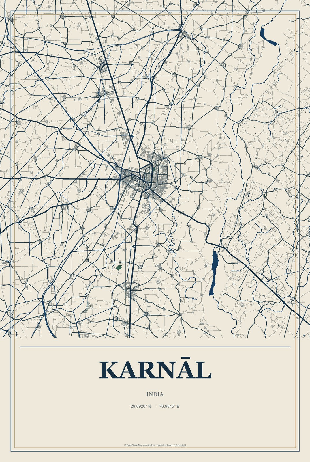 Karnāl, India City Map Aluminum Sign in Coastal Cutout style