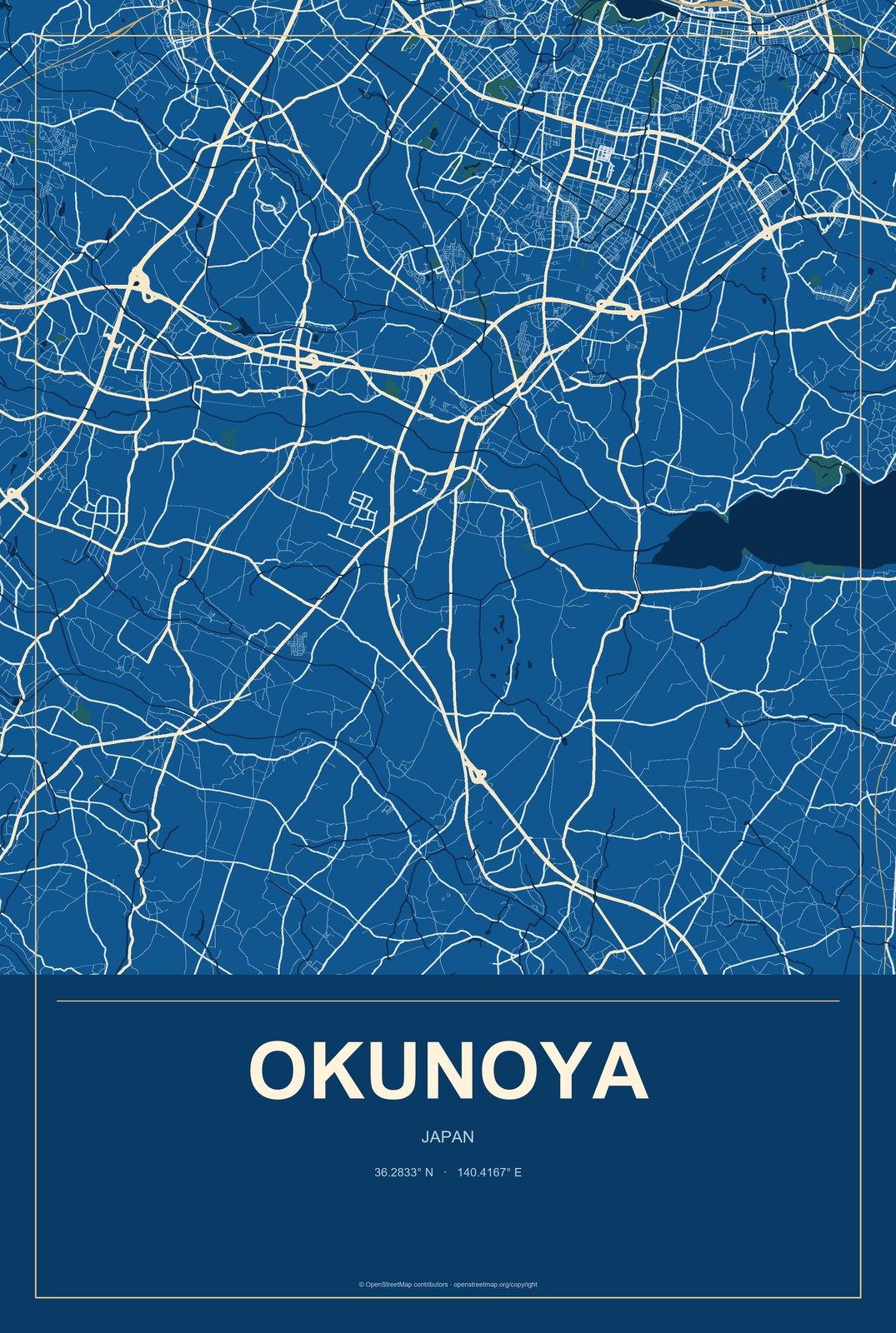 Okunoya, Japan City Map Aluminum Sign in Harbor Cobalt style